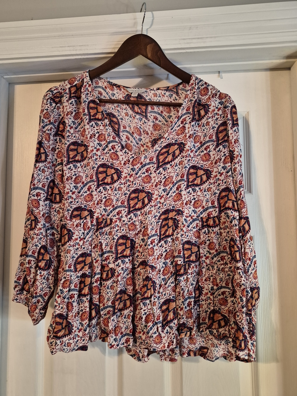 Lucky Brand Women’s Printed V-Neck Peasant Blouse - Rust & Navy Floral Size Med